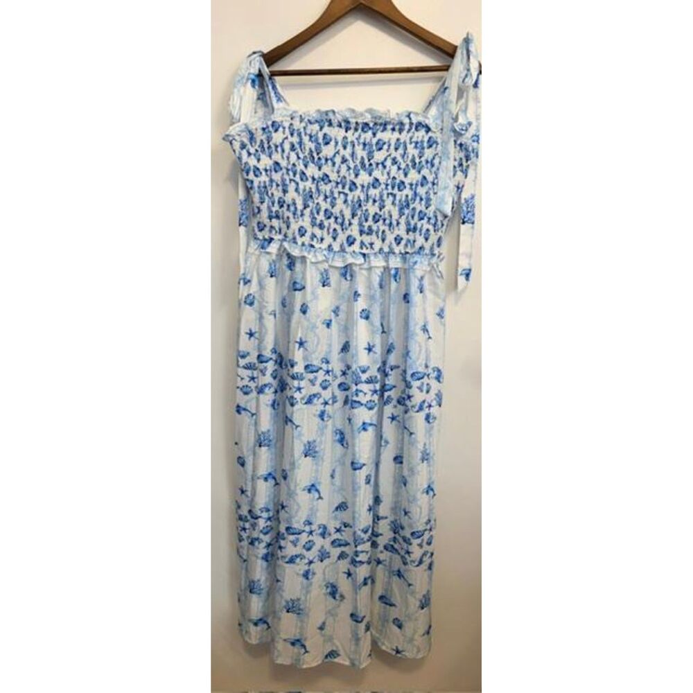 SHEIN Curve Blue & White Seashell Marine Print Smocked Maxi Dress Women's 3XL